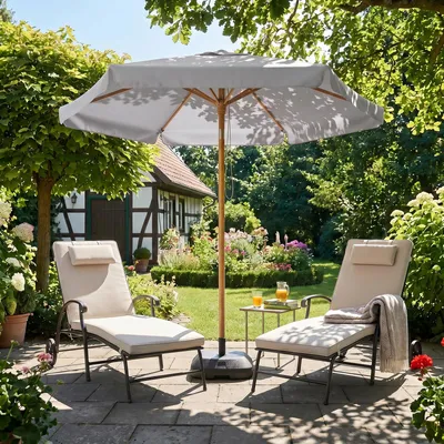 Produktbild von Sekey Balkonschirm 200 cm Ø Holzoptik, Knickbar, Stabiler Gartenschirm, UV-Schutz 50+, Sonnenschirm für Terrasse und Hof, Hellgrau