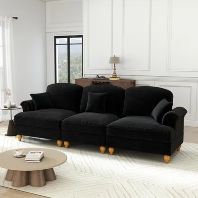 Produktbild von 3-Sitzer Sofa mit Trichter-Armlehnen und abnehmbarer Rüschenschürze 272 cm Chenille Schwarz