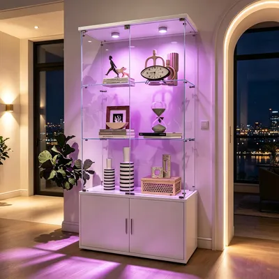 Productafbeelding van INONEFT Glazen displaykast, vrijstaand model voor collecties, met LED-verlichting. Vitrinekast met 4 deuren en 3 legplanken. Glazen kast, wit, 164x78.5x35cm