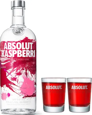 Produktbild von Absolut Vodka Raspberri Set mit 2 Shot Gläsern, Wodka Himbeere, Schnaps, Spirituose, Alkohol, Flasche, 40 %, 1 L