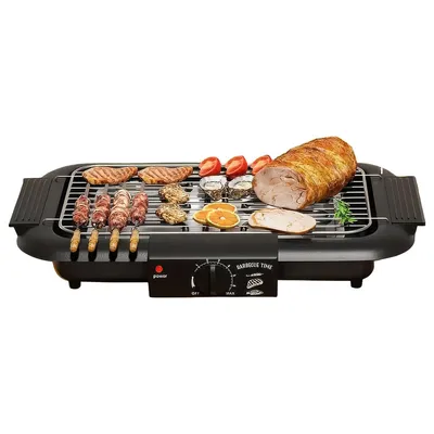 Produktbild von Elektrogrill Tischgrill,Barbecue Elektrogrill Elektrischer,BBQ Grill 2000 W,Antihaftbeschichtete Grillfläche,Doppelröhre tragbarer abnehmbarer Standgrill, Schwarz