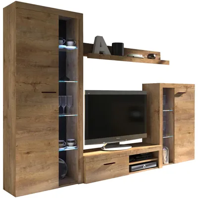 Produktbild von Wohnwand Set mit hoher und niedriger Vitrine, TV-Lowboard und Wandregal, Lefkas Eiche