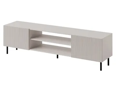 A 3D render of a TV stand with fluted doors and open shelving.