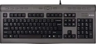 A top-down view of a gray and black A4TECH KL-7MUU multimedia keyboard.
