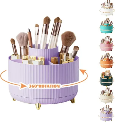 Imagen del producto de Organizador de maquillaje giratorio de 360°, con 5 compartimentos, color lila, para cosméticos