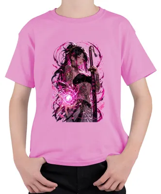 Produktbild von Anime Mädchen Katana Pinke Magie Tattoo Drache Japan Y2K Otaku Kinder T-Shirt, Pink, 128