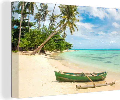 Produktbild von OneMillionCanvasses® - Leinwandbilder - 150x100 cm, Strand - Kanu - Palme - Tropisch, Wandbilder Kunstdruck Wanddekoration - Foto auf Leinwand - Gemälde auf Holzrahmen