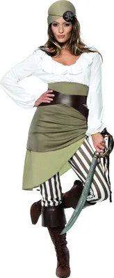 A woman dressed in a pirate costume, posing with a sword.