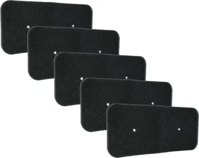 A stack of five black foam filters against a white background.