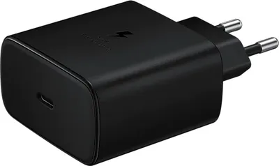 A black Samsung USB-C fast charger with a lightning bolt logo and text indicating fast charging.