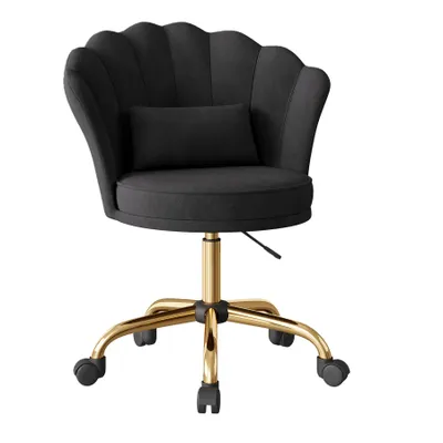 A black office chair with a gold base and wheels, shown against a white background.