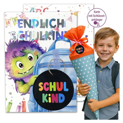 Produktbild von Geschenk zur Einschulung Junge | Karte Monster mit glänzender Folie & Schultüten Anhänger | Schlüsselanhänger Schulkind, Für Zuckertüte