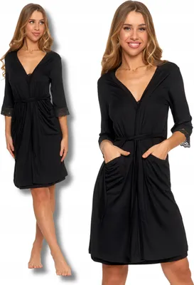 Produktbild von Moraj | Damen Morgenmantel Elegant Schwarz | Spitze Ärmel 3/4 | Kurz & Bindegürtel | Größe 3XL | Viskose