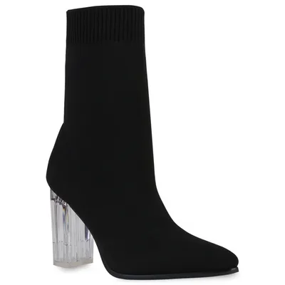 A black sock boot with a clear block heel is shown against a white background.