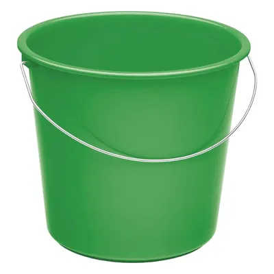 A green bucket with a metal handle is shown against a white background.