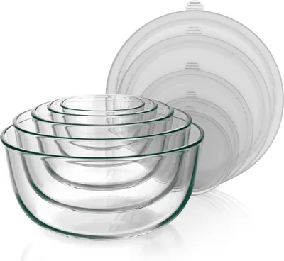 Produktbild von Arendo Salatschüssel mit Deckel, Set, 5x Glasschüsseln 1L, 1,5L, 2L, 2,7L & 4,4L, Glas Rührschüssel, Glas, (5er Set, 3-tlg), Glasschale, BPA-frei, spülmaschinengeeignet & mikrowellengeeignet