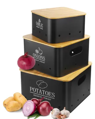 Immagine prodotto di Portapatate con coperchio in bambù - 3 contenitori - Porta cipolle - Contenitore per aglio - Fori di ventilazione - 26,5 x 26,5 x 16 cm - Contenitore per verdure
