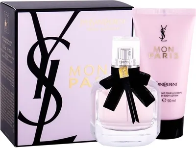 A gift set containing a perfume bottle and a body lotion tube, presented on a white background.