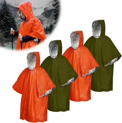 Imagen del producto de Conjunto de 4 ponchos de supervivencia, impermeables, con capacidad de reflexión térmica, para 1 persona, ideales para actividades al aire libre y situaciones de emergencia