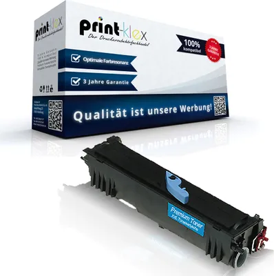 A product shot of a toner cartridge and its packaging, presented on a white background with reflections.