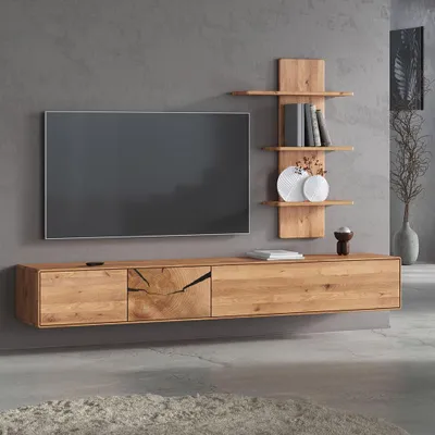 Produktbild von Wohnwand Set in Eiche massiv mit Lowboard & Wandregal, 2-teilig - WESTON-69