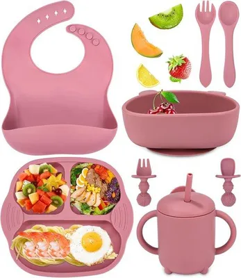 Immagine prodotto di Set di stoviglie per bambini Unyqoos® da 8 pezzi: piatto con ventosa, bavaglino, ciotola con ventosa, bicchiere con cannuccia, 2 cucchiai, 2 forchette, tappetino in silicone, senza BPA, colore rosa