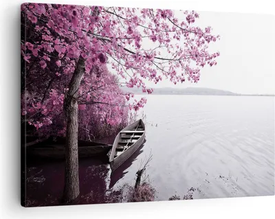 Produktbild von Bild auf Leinwand - Leinwandbild - Einteilig - See Rosa Bäume - 70x50cm - Wand Bild - Wanddeko - Wandbilder - Leinwanddruck - Bilder - Wanddekoration - Leinwand bilder - Wandbild - AA70x50-4147