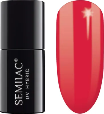 A bottle of red nail polish and a swatch of the polish on a nail.