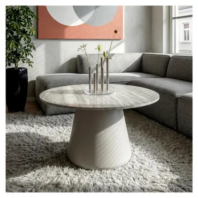 Produktbild von Runder Couchtisch | Travertin-Optik MDF | Ø60x40 cm Grau – Skandinavisches Design