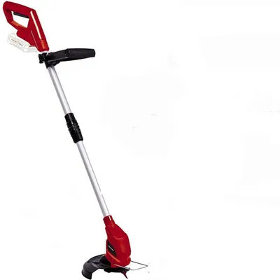 A red and silver electric string trimmer on a white background.