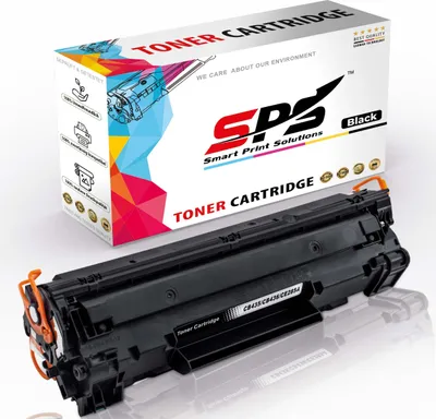 A black toner cartridge is shown in front of its packaging box.