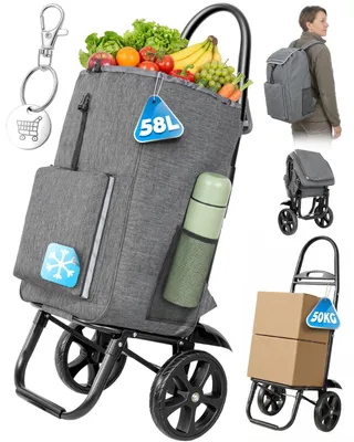 Produktbild von 4-in-1 Einkaufswagen klappbar – Trolley, Rucksack und Transportwagen mit Kühlfach, faltbar bis 50 kg, Grau