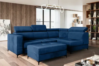 Produktbild von MEBLINI Schlafcouch mit Bettkasten - Ecksofa mit Schlaffunktion - Sofa mit Relaxfunktion und Kopfstützen - Couch L-Form - Eckcouch - Wohnlandschaft - DORIAN - 263x232x89cm Rechts - Blau Samt