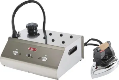 A steam ironing station with an iron and its base unit, shown against a white background.