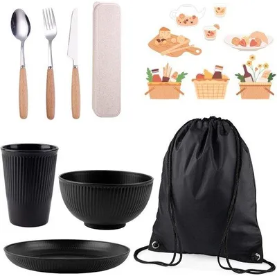 Produktbild von Ibenzoa® Wiederverwendbares Camping- & Picknickgeschirr-Set – PP-Schalen, Becher & Teller mit Edelstahlbesteck (Messer, Gabel, Löffel) in schwarzer Tragetasche