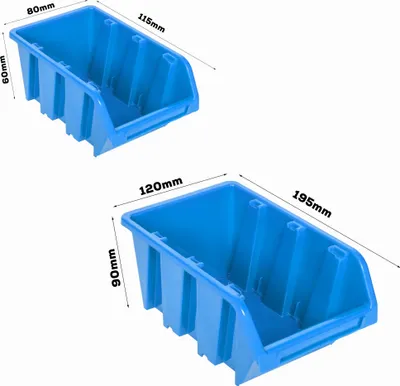 Two blue plastic storage bins with dimensions indicated by text.
