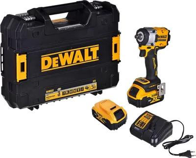 A DeWalt impact wrench kit including the tool, two batteries, a charger, and a carrying case, displayed on a white background.