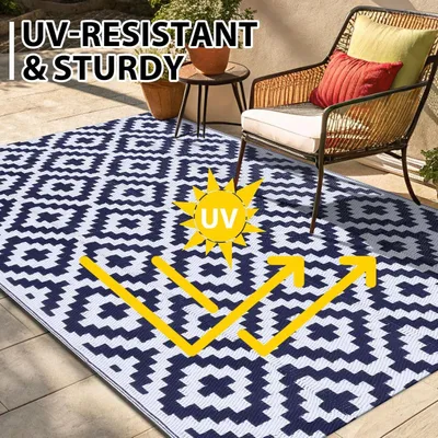 Produktbild von Outdoor Teppich 120x180 cm, wasserdicht, UV-beständig, wendbar, dunkelblau und weiß, für Balkon