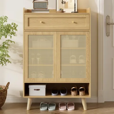 Produktbild von Merax Schuhschrank Mit Rattanfront, Schuhkommode Mit 2 Türen, Schublade Und Offener Ablage, Sideboard Für Flur Wohnzimmer, Schuhregal, Light Oak