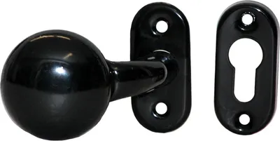 A black door knob and escutcheon plate are shown against a white background.