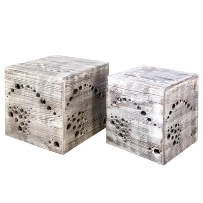 Produktbild von Homestyle4u 2er Set Hocker Beistelltisch Holz Würfel Nachttisch Grau