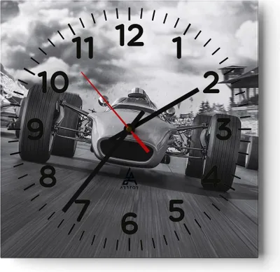 Produktbild von Wanduhr - Quadrat - Glasuhr - Formel 1 Schwarz und Weiß - 40x40cm - Schleichendes Uhrwerk - Lautlos - zum Aufhängen bereit - Dekoration Modern - Wanddekoration aus Glas - C4AC40x40-4127