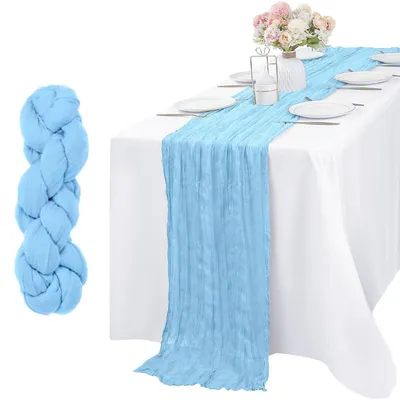 Obrázok produktu pre Músová obrusovka, 300 x 90 cm, svetlomodrá, z priadze, umývateľná, dekoračná látka vhodná na zdobenie svadobných stolov