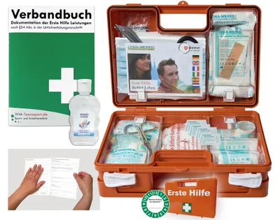 Produktbild von Verbandskoffer / Verbandskasten (K) Typ C - Erste Hilfe nach aktueller DIN 13157 für Betriebe -DSGVO- INKL. PERFORIERTEM VERBANDBUCH + Hygiene-Gel