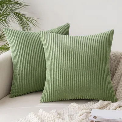 Produktbild von Set mit 2 Kissenbezügen aus Cord, bohnengrün, 40 x 40 cm, Sofakissen, dekorative Kissenbezüge, weiche Sofakissen für Sofa, Schlafzimmer, Wohnzimmer, Balkon