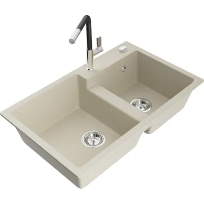 Obrázek produktu pro Mexen Tomas 2-miskový granitový dřez s kuchyňskou baterií Flora, Béžová - 6516-69-670401-07
