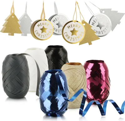 Produktbild von com-four® 30-teiliges Verpackungsdekoset - Geschenkbänder und Geschenkanhänger zum Verpacken und Dekorieren - Deko-Ringelbänder und Anhänger zum Beschriften