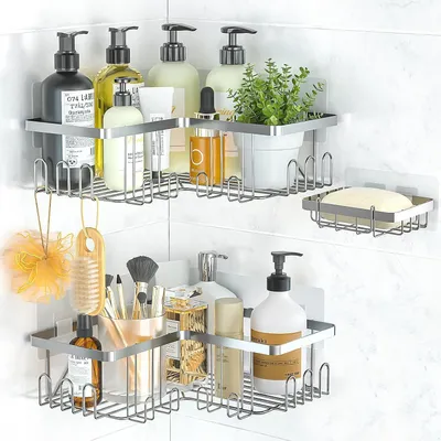 Produktbild von Duschablage Ohne Bohren Ecke Silber Edelstahl mit Seifenschale 3 Stück Selbstklebend