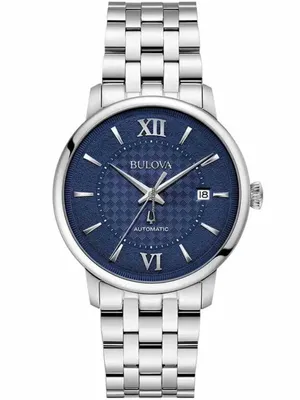 A Bulova men's watch with a blue dial and silver band, presented on a white background.