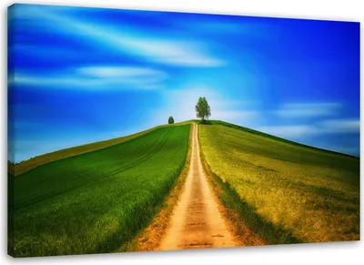 Image de Toile « Route dans un paysage vallonné » 100 x 70 cm Feeby bleu, tableau mural prêt à accrocher